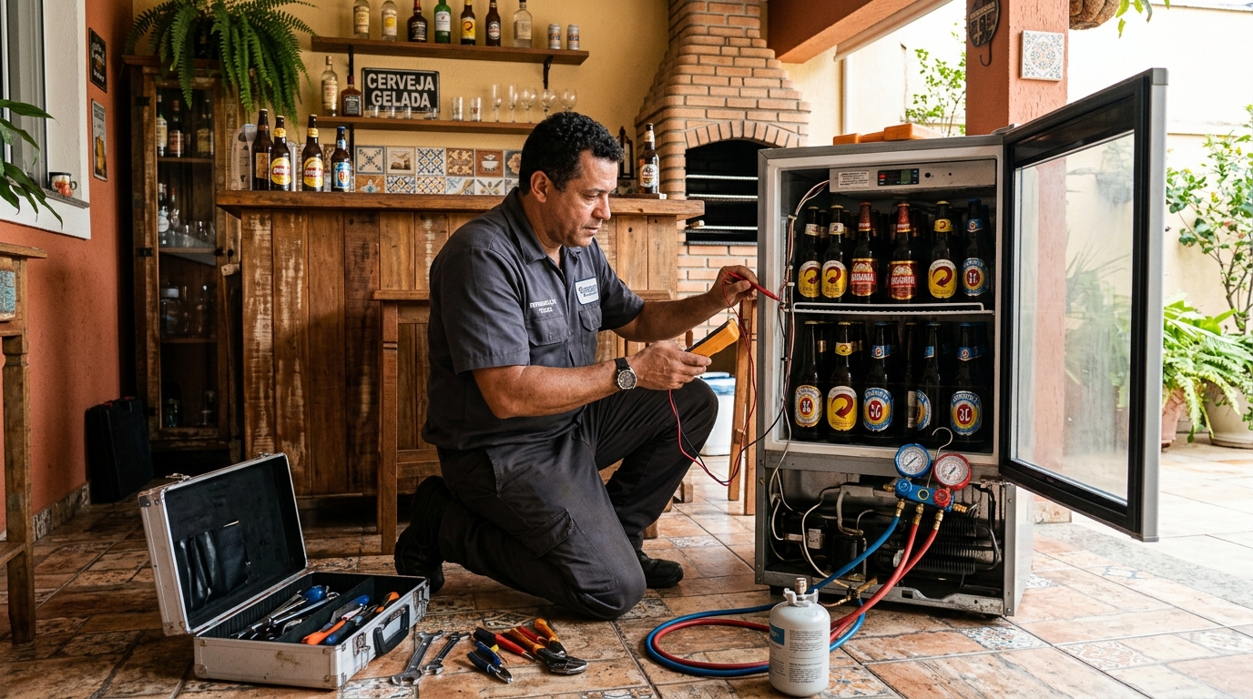Recarga de gás em expositor de bebidas durante atendimento em Palmas‑TO